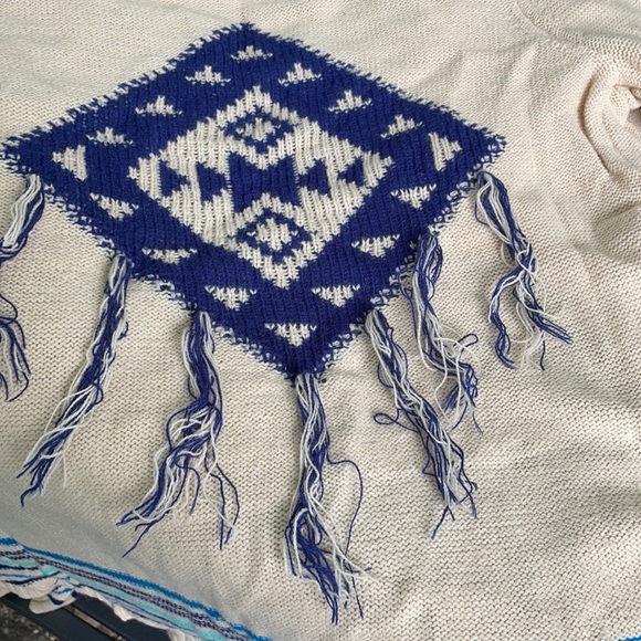 Red Camel Tan Open Front Sweater Cascading Waterfall Blue Stripes Fringes Aztec - Picture 5 of 16